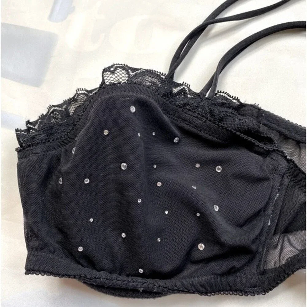 H&M Balcony Bra U/Wired Non-Padded W/ Rhinestone Sexy Mesh & Lace 34D Black VTG
